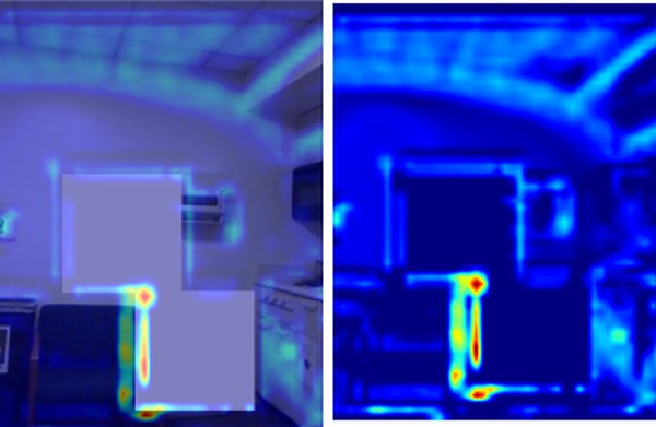 Grad-CAM overlay and heatmap showing where the inpainting model attends