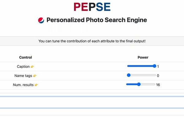 PEPSE search interface with sliders for caption and name-tag weights